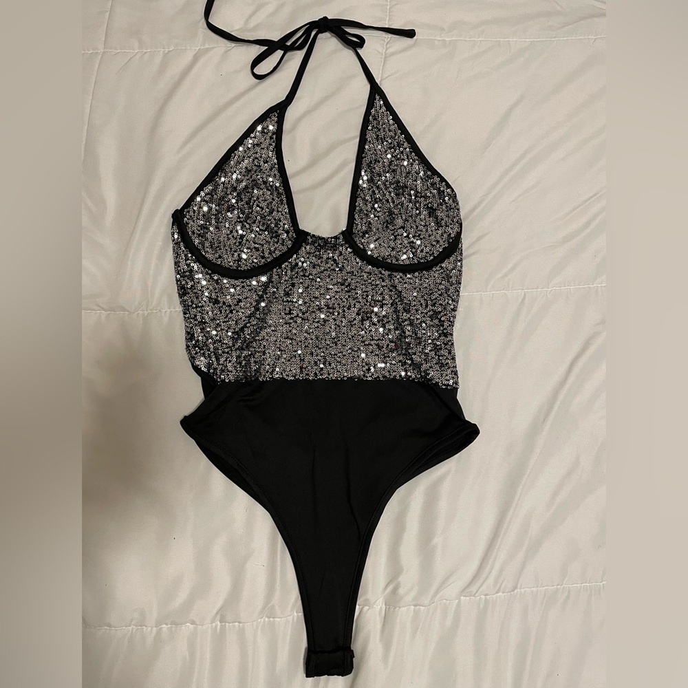 Black and Silver Sequin Halter Bodysuit